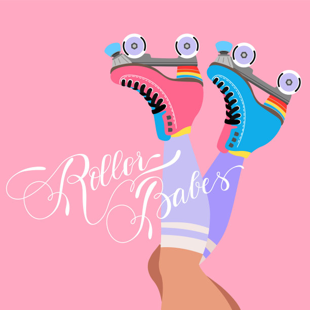 溜冰鞋，旧学校海报。手绘矢量粉红色60年代四轮轮滑叶片绿色。孤立的插图。时尚设计的横幅，贺卡，邀请。图片下载