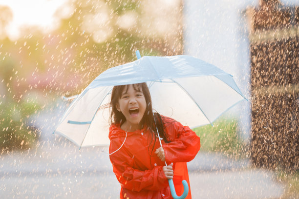 亚洲的孩子们撑着伞在雨中玩耍，她穿着雨衣。图片下载