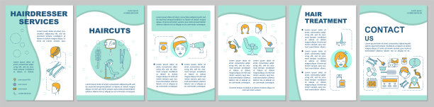 美发师服务手册模板布局。头发造型传单，小册子，传单印刷设计与线性插图。矢量页面布局杂志，年度报告，广告海报图片下载