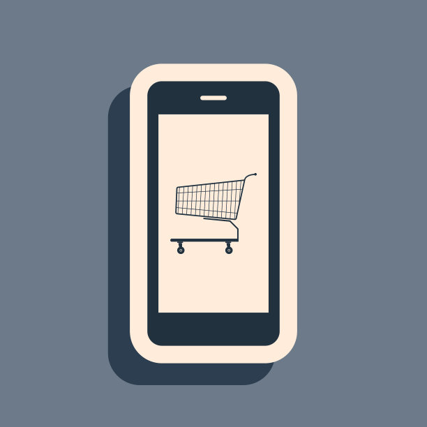黑色网上购物概念。购物车在屏幕上智能手机图标孤立在灰色背景。概念电子商务、电子商务、网上商务营销。长长的阴影风格。矢量图图片下载