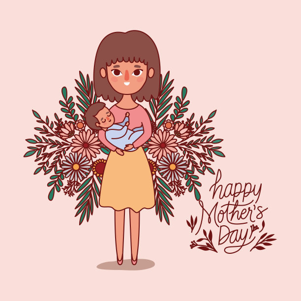 母亲和婴儿卡通与花和叶矢量设计图片下载