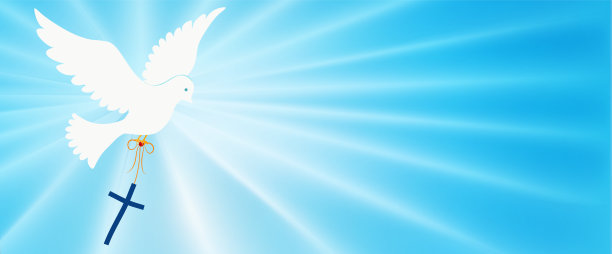 抽象的鸽子飞着，背着基督教的十字架。基督教的象征。浅蓝色背景和明亮的光线。复活节。纯洁的象征。基督教信仰。洗礼。圣灵。传福音图片下载