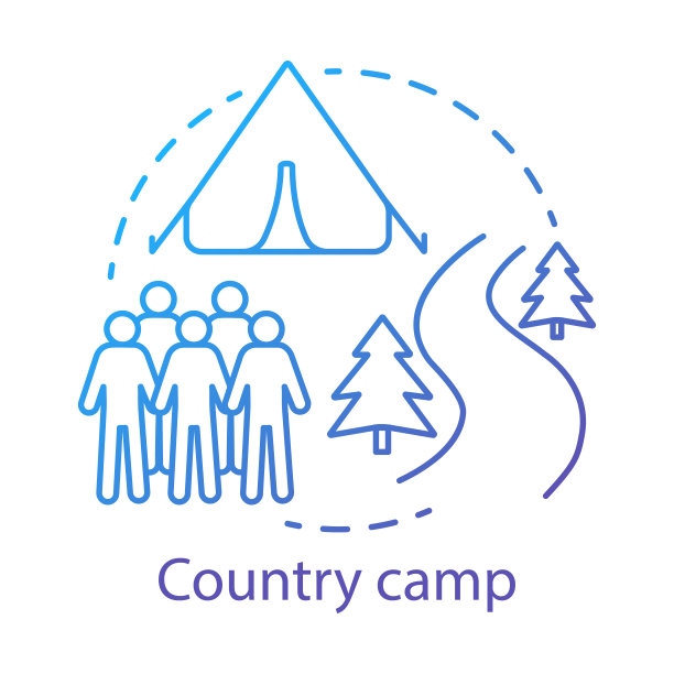 乡村营地概念图标。夏季徒步露营俱乐部，度假胜地构思细线插画。在森林里旅行，在森林里背包旅行。矢量孤立轮廓绘制。可编辑的中风图片下载