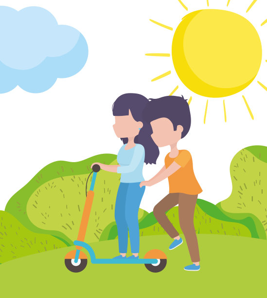 夫妇骑电动车在草地上健康的生活方式素材图片