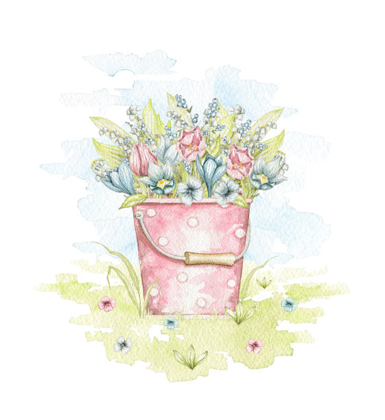 水彩玫瑰桶与春天的花束图片下载