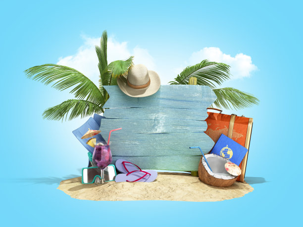 旅游概念和旅游景点蓝色板块和红色旅行箱上的沙子3D插图上的蓝色梯度图片下载