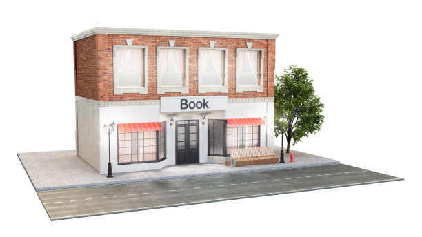 书店或图书馆。在白色背景上靠近道路的建筑物的外部。从街道上看，是一个长凳，一个垃圾桶，路灯和一棵美丽的树，3d插图图片下载