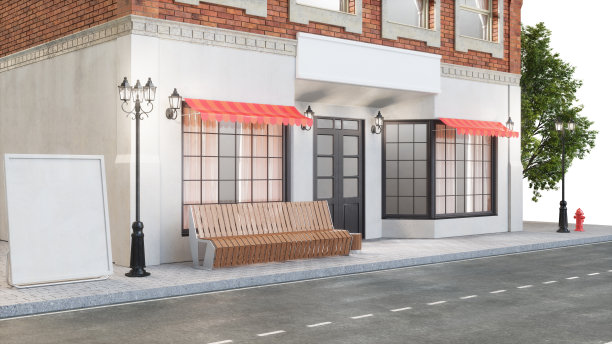 建筑的外部，有两个模型或横幅为你的文本。从街道上看，是一个长凳，一个垃圾桶，路灯消防栓和一棵美丽的树在白色背景，3d插图图片下载