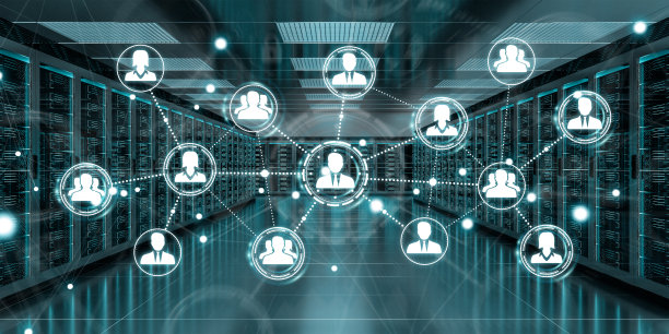 白色社交网络通过服务器机房数据中心内部3D渲染图片下载