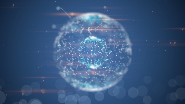 飞行路径的行星，蓝色风格的背景透明的地球与光丛网络在蓝色的空间背景。图片下载