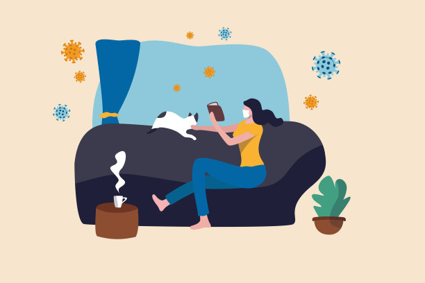 保持社交距离，在COVID-19冠状病毒爆发时呆在家里，呆在家里防止病毒感染，快乐的女人在家里看书玩猫，病毒病原体在外面图片下载