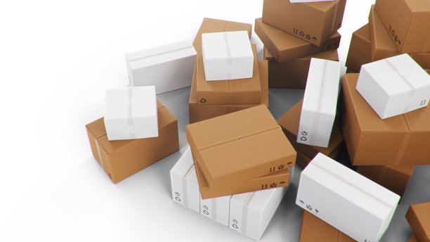 一堆一堆的纸板箱孤立在白色的背景上。用于运送货物的纸板箱。包裹递送，包裹运输系统概念，3D插图图片下载