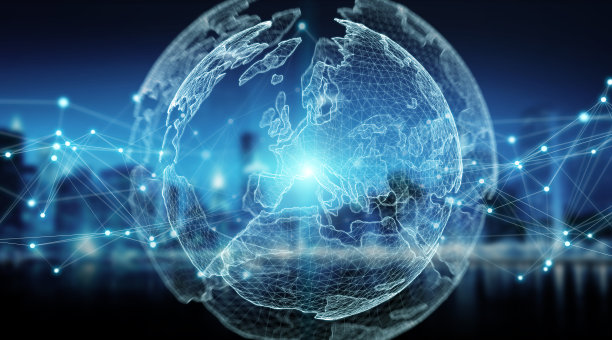 连接系统球体全局视图的城市背景三维渲染图片下载