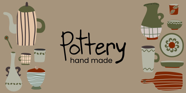 手工制作的陶器矢量背景为家庭和餐厅，手工制作的商店。陶瓷或陶瓷横幅来宣传你的工作室。手绘平面墙纸。图片下载
