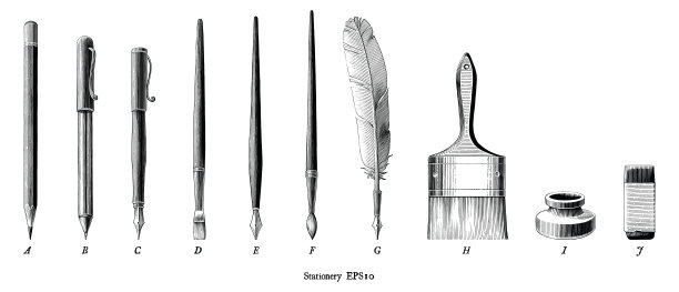 古董雕刻插图文具集在复古风格的黑白剪辑艺术孤立在白色背景图片下载