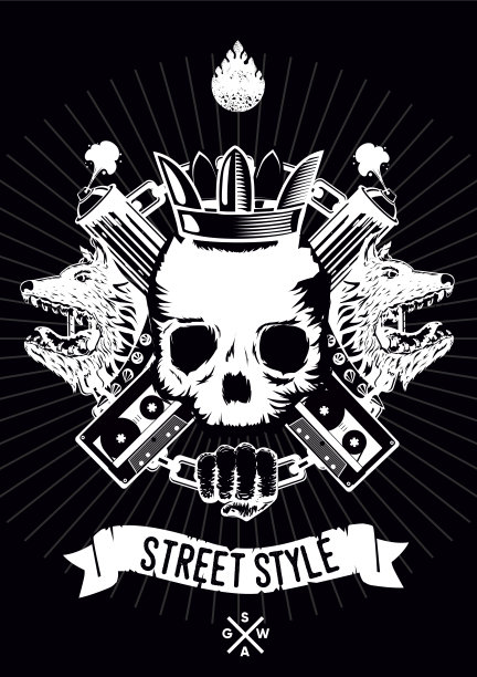 有骷髅的嘻哈海报。黑帮说唱矢量打印。背景音乐派对。图片下载
