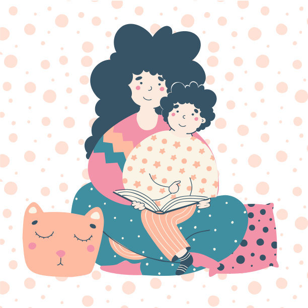 妈妈宝宝学习阅读书籍现代平面矢量插图。图片下载