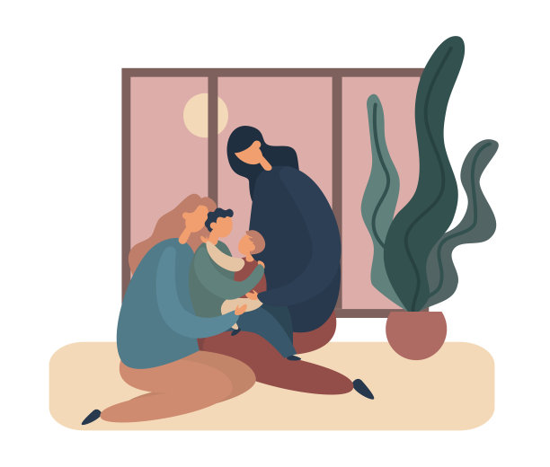 爱的家庭在晚上拥抱。平面向量插图图片下载