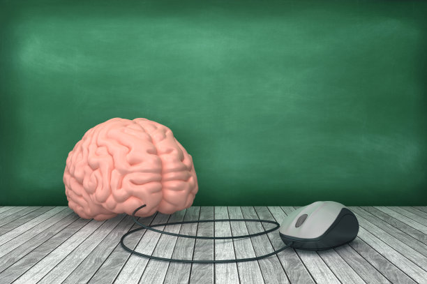 电脑鼠标在黑板上的大脑- 3D渲染图片下载