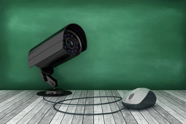 安全摄像机与电脑鼠标在黑板上- 3D渲染图片下载