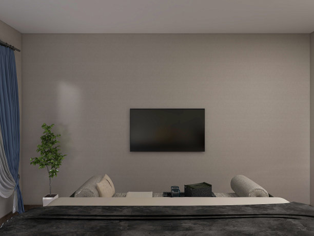 3D渲染，现代设计的卧室配有电视，绿色植物和各种装饰图片下载