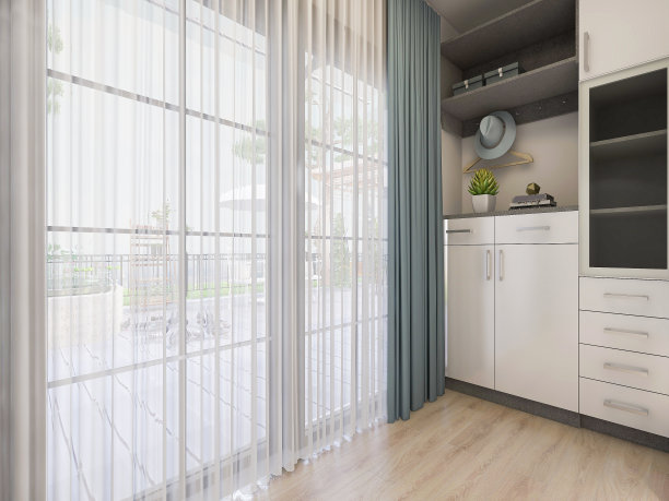 3D效果图，封闭式阳台设计，插画，橱柜，绿色植物图片下载