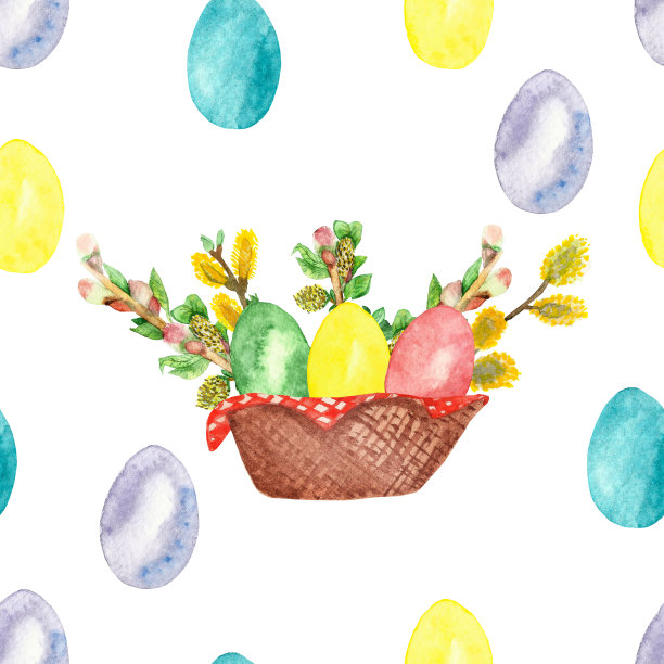 以绿、黄、蓝、红、淡紫色的鸡蛋、柳条和粉红色的花蕾枝条，在白色的背景上孤立地绘上水彩手绘自然复活节节日无缝图案图片下载