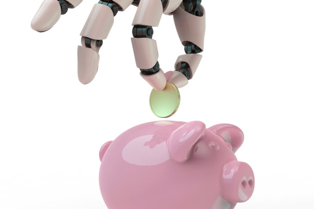 3d渲染金融技术概念小猪储蓄罐和机器人手臂库存照片图片下载
