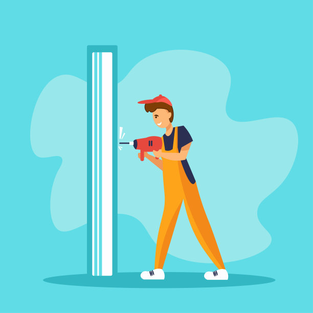 微笑的勤杂工拿着钻头。穿橙色制服的人正在墙上钻洞。图片下载