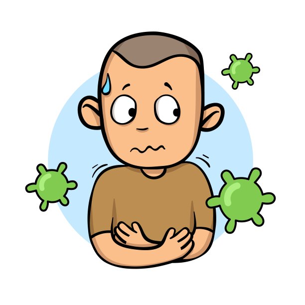 生病的男孩手放在肚子上病毒到处飞。冠状病毒预防，世界隔离。卡通设计图标。彩色的平面矢量插图，孤立。图片下载
