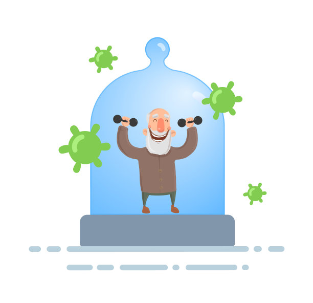 微笑的老人在玻璃穹顶下锻炼，感觉受到了病毒的保护。冠状病毒预防，呆在室内，世界隔离概念。平面矢量插图，孤立。图片下载