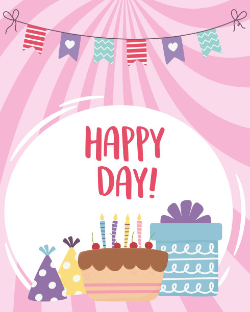 快乐的一天，蛋糕礼盒派对帽和三角旗图片下载