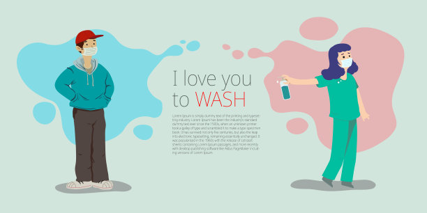 一个戴口罩的男人从远处看他的女朋友，一个穿着医院护理服的女孩移开视线，手里拿着一瓶卫生凝胶让他去洗手图片下载