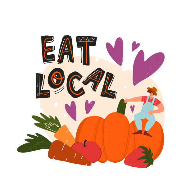 吃当地有趣的手绘字母心形和小农民坐在巨大的蔬菜和水果，如南瓜，胡萝卜，苹果，草莓。平面矢量插图上孤立的背景。图片下载