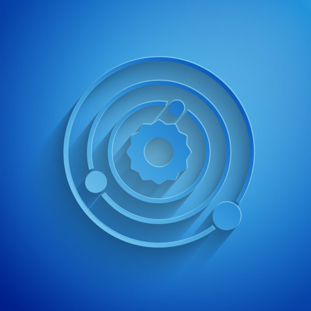 剪纸太阳能图标孤立在蓝色背景。行星围绕恒星旋转。纸艺术风格。矢量图图片下载