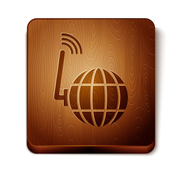 棕全球科技或社交网络图标孤立在白色背景。木制方形按钮。矢量图图片下载