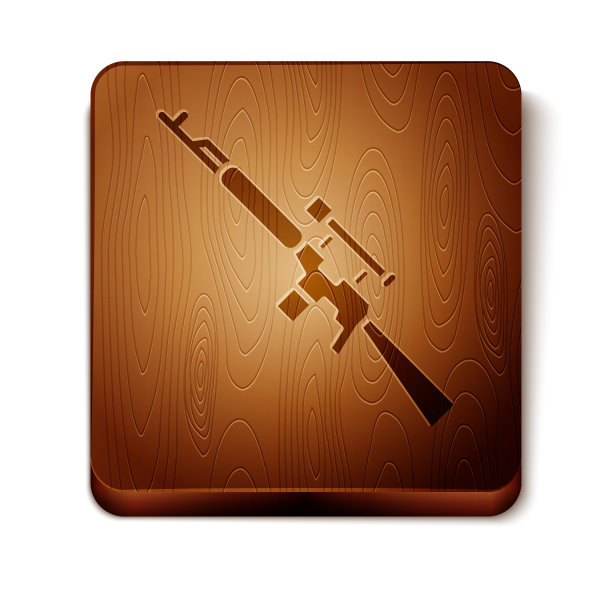 棕色狙击步枪与范围图标孤立在白色背景。木制方形按钮。矢量图图片下载