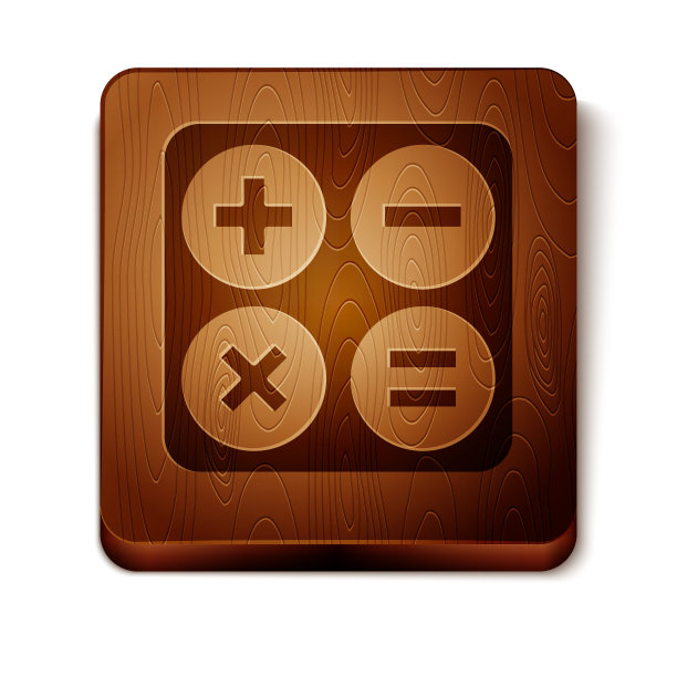 棕色计算器图标孤立在白色背景。会计的象征。商业计算、数学教育和金融。木制方形按钮。矢量图图片下载