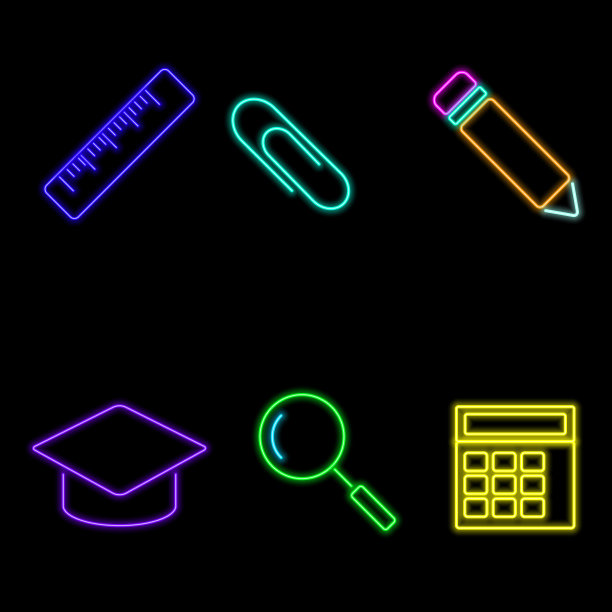 矢量霓虹平面设计图标集教育设备工具符号，像素描，铅笔，计算器和插图更孤立图片下载