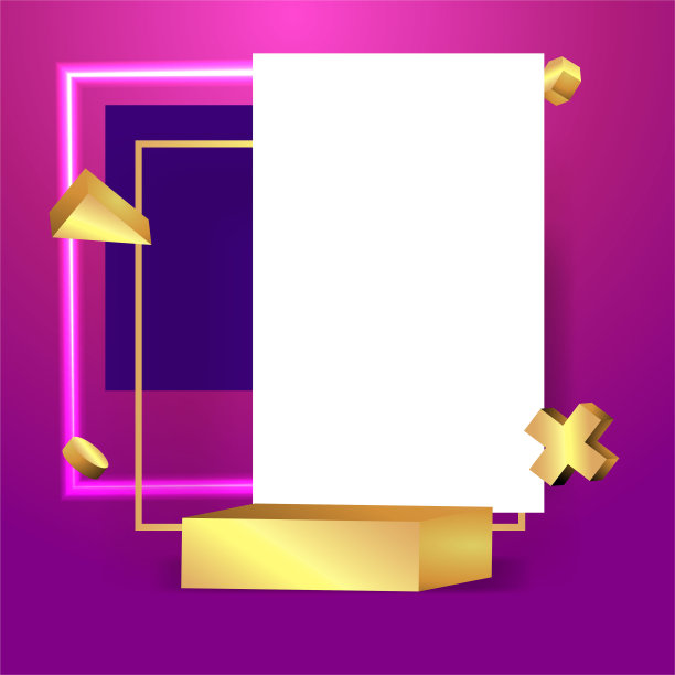 金属金色的舞台，浮动的几何形式和发光的霓虹灯，圆形的平台，现实的最小的背景，3d豪华框架场景图片下载