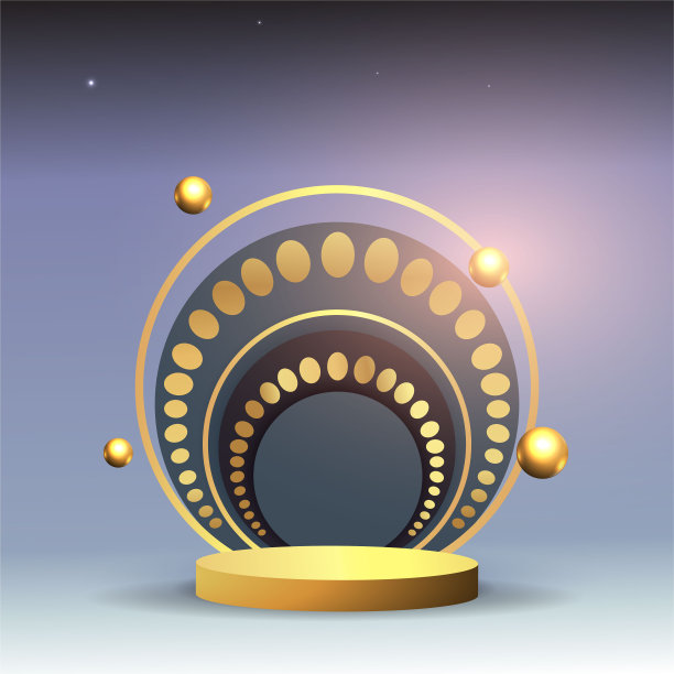金属金色的舞台，浮动的几何形式和发光的霓虹灯，圆形的平台，现实的最小的背景，3d豪华框架场景图片下载