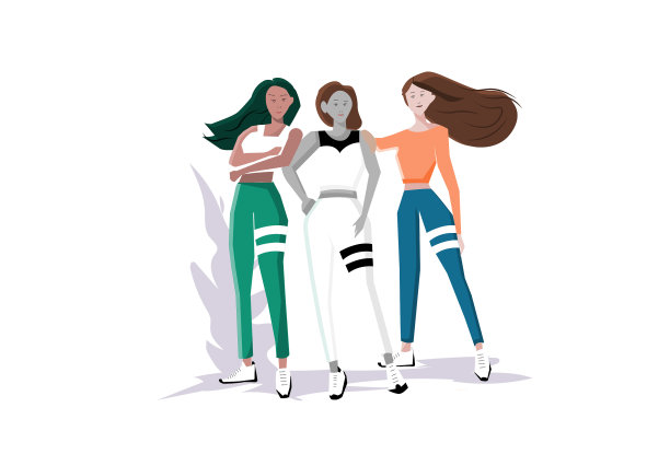 一群穿着运动服和白鞋的女孩。女运动员。娱乐矢量平面插图图片下载