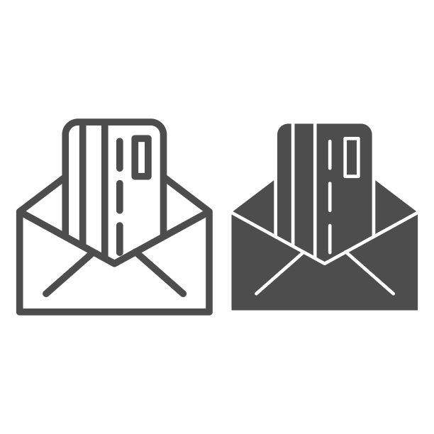 银行信封线和实体图标。塑料信用卡在开封的信符号，轮廓风格的象形文字在白色的背景。用于移动概念或网页设计的转账标志。矢量图形。图片下载