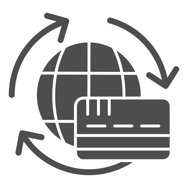 信用卡和地球仪与箭头固体图标。世界全球支付符号，象形文字风格的象形文字在白色背景上。汇款标志的移动概念和网页设计。矢量图形。图片下载