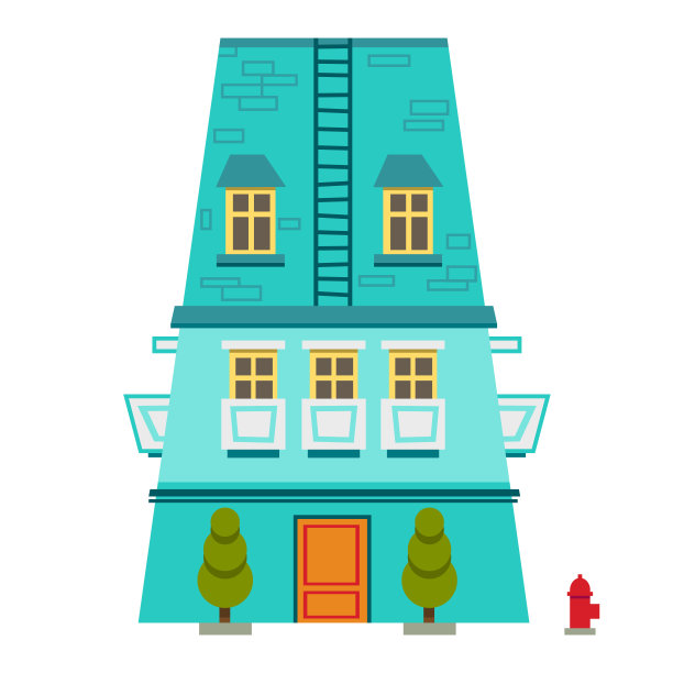 卡通风格的公寓外立面，城市景观全景有趣愉快蒂凡尼蓝色建筑与黄色窗户，矢量插图孤立在白色图片下载