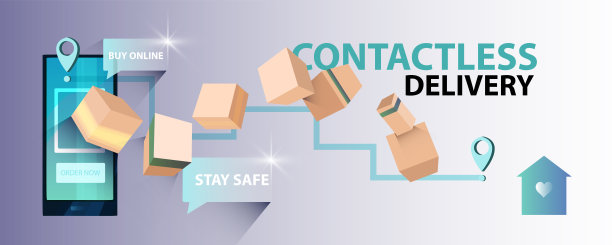 矢量水平无接触式交付横幅智能手机，包裹与货物，房子图标和gps定位标志。网上购物的概念图片下载