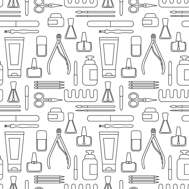 美甲工具和配件。一组关于美甲主题的元素。无缝模式。向量图片下载