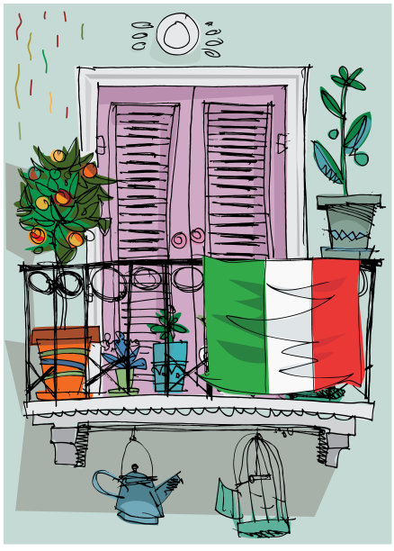 传统地中海阳台上的意大利国旗图片下载