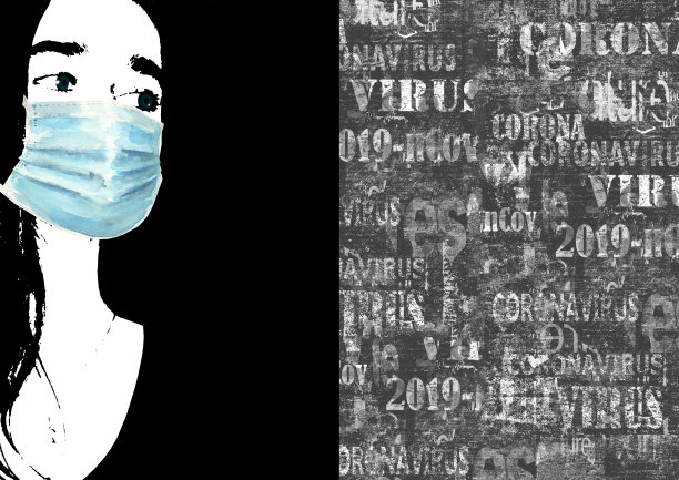 混合媒体拼贴。美丽的女人肖像与保护面罩图片下载