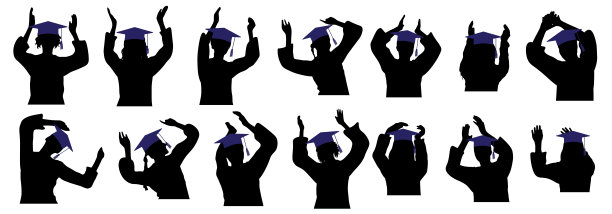 毕业生们戴着方形的学位帽，高兴地向人们鼓掌。矢量插图。图片下载